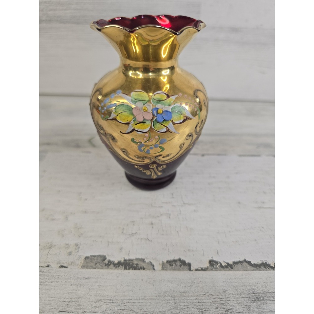 Vintage Murano Style Ruby Red Glass Bud Vase Gold Leaf Floral Enamel 4.5"